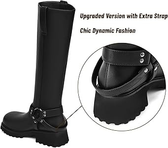 Women's Knee High Boots Square Toe Low Chunky Motorcycle Boots Fashion Buckles Biker Riding Boots... | Amazon (US)