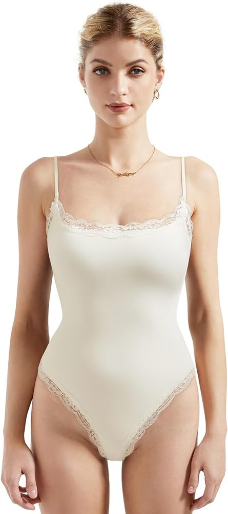 SUUKSESS Women Square Neck Lace Bodysuit Double Lined Sleeveless Spaghetti Strap Tank Top (White,... | Amazon (US)