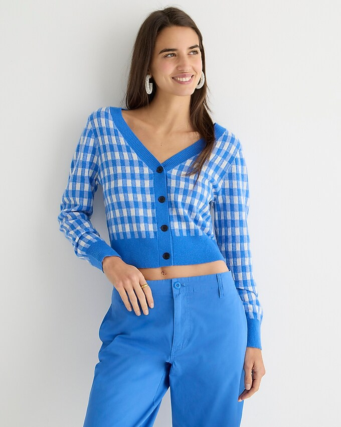 Cashmere cropped V-neck cardigan sweater in gingham | J. Crew US