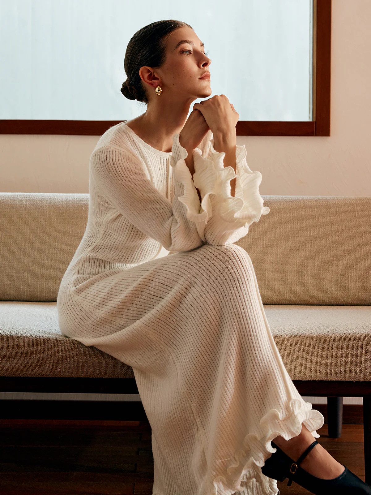 Semi-Sheer Piping Ruffle Drawstring Knit Dress | Commense