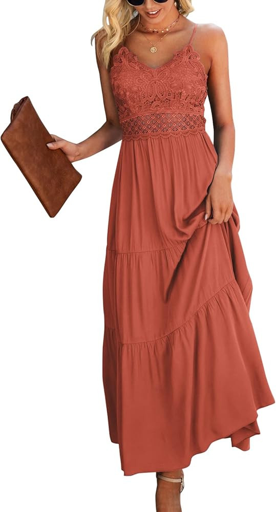 Dokuritu Women's Beach Crochet Lace Maxi Dress Solid Color Summer Spaghetti Strap Long Dress | Amazon (US)