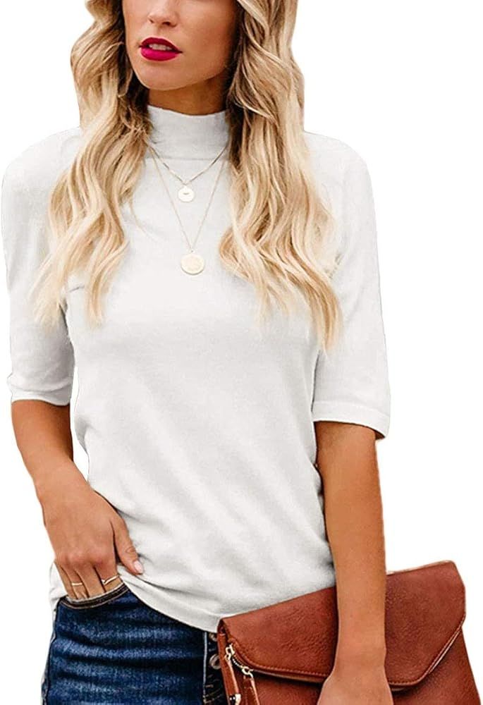 Lacozy Women's Mock Turtle Neck Tops Slim Fitted Half Sleeve Cute Plain T Shirt | Amazon (US)