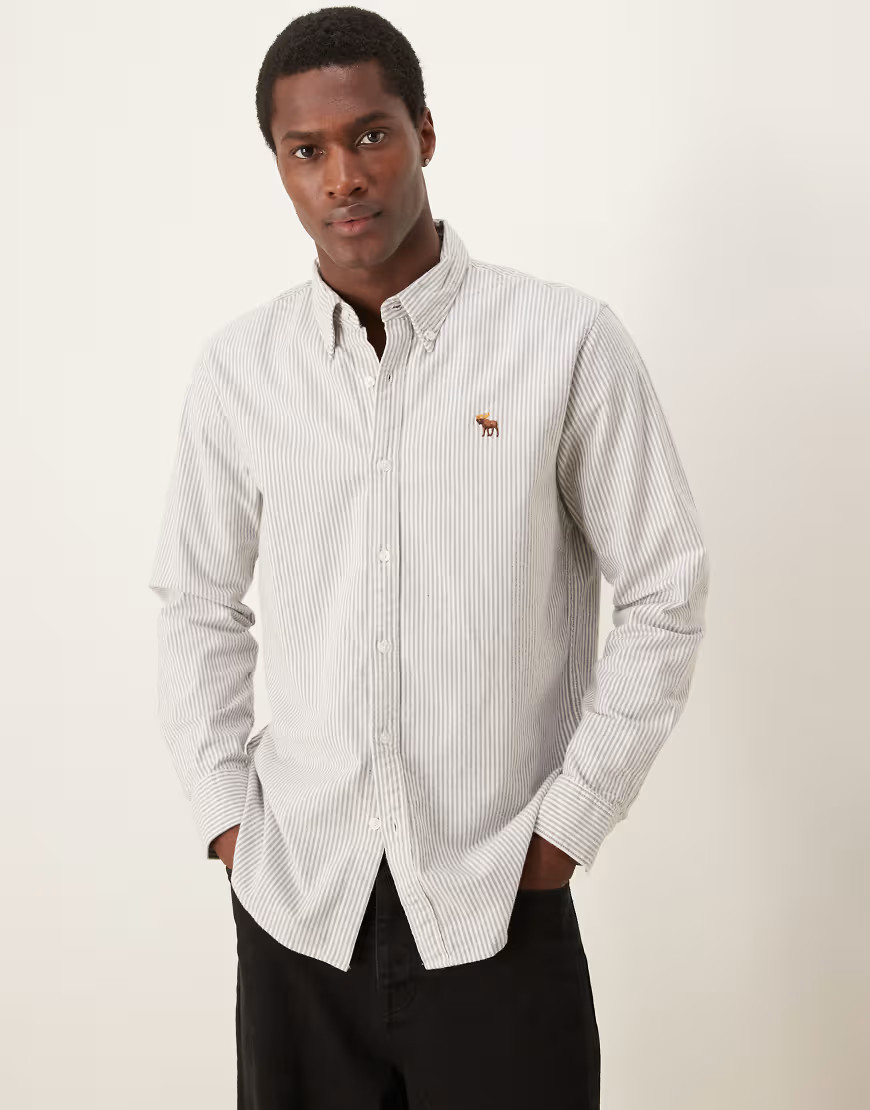 Abercrombie & Fitch icon logo stripe oxford shirt in grey | ASOS (Global)