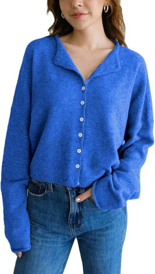 Women Casual Cardigan Sweater Lightweight Loose Crewneck Button Down Long Sleeve Basic Knit Tops | Amazon (US)