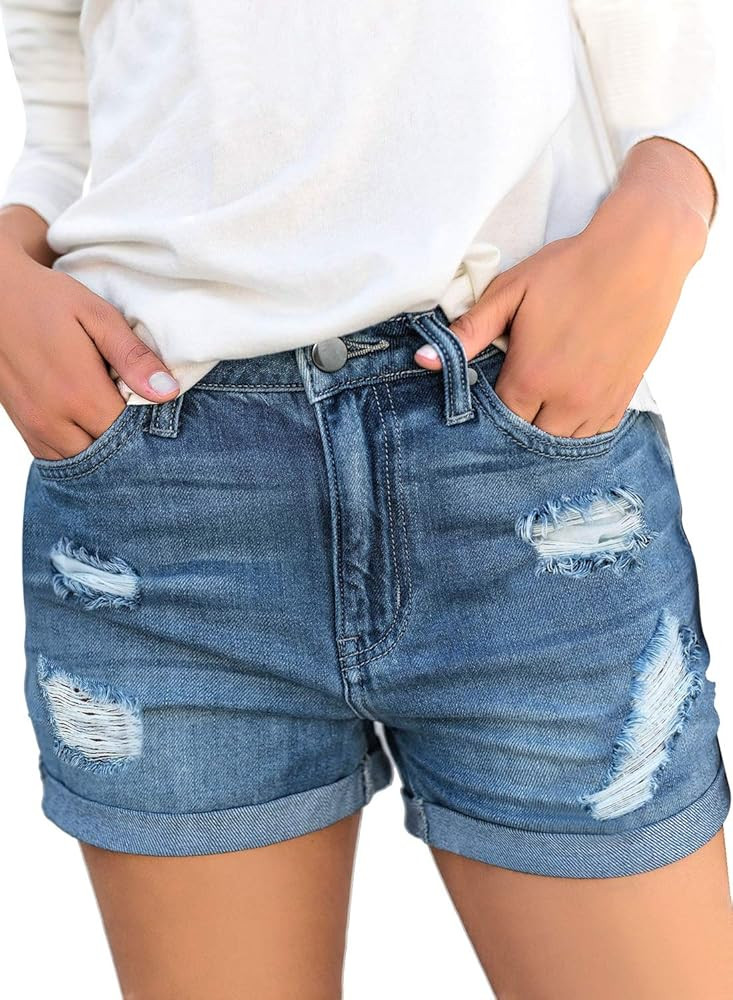 luvamia Women's Ripped High Waisted Denim Shorts Stretchy Cuffed Hem Jean Shorts | Amazon (US)