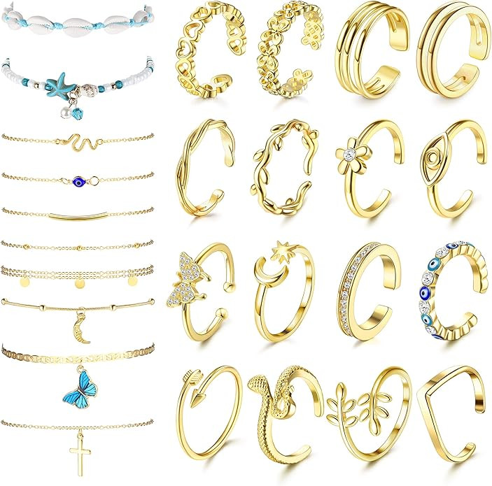 LOLIAS 26Pcs Anklets and Toe Rings for Women Silver Gold Plated Toe Rings Layered Ankle Bracelets... | Amazon (US)