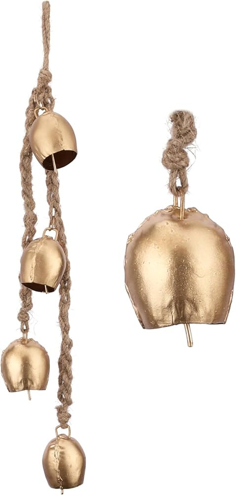 Wrought Iron Cluster 4 Bell – 19" Hanging Cow Bells on Jute Rope, 2" Tin Bells – Rustic Farmh... | Amazon (US)