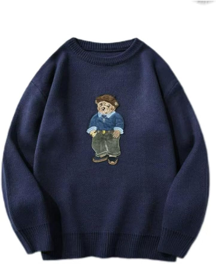 Teddy Bear Embroidered Sweater, Fleece Lined Crewneck Pullover, Warm Winter Knit, Navy Blue, Gree... | Amazon (US)