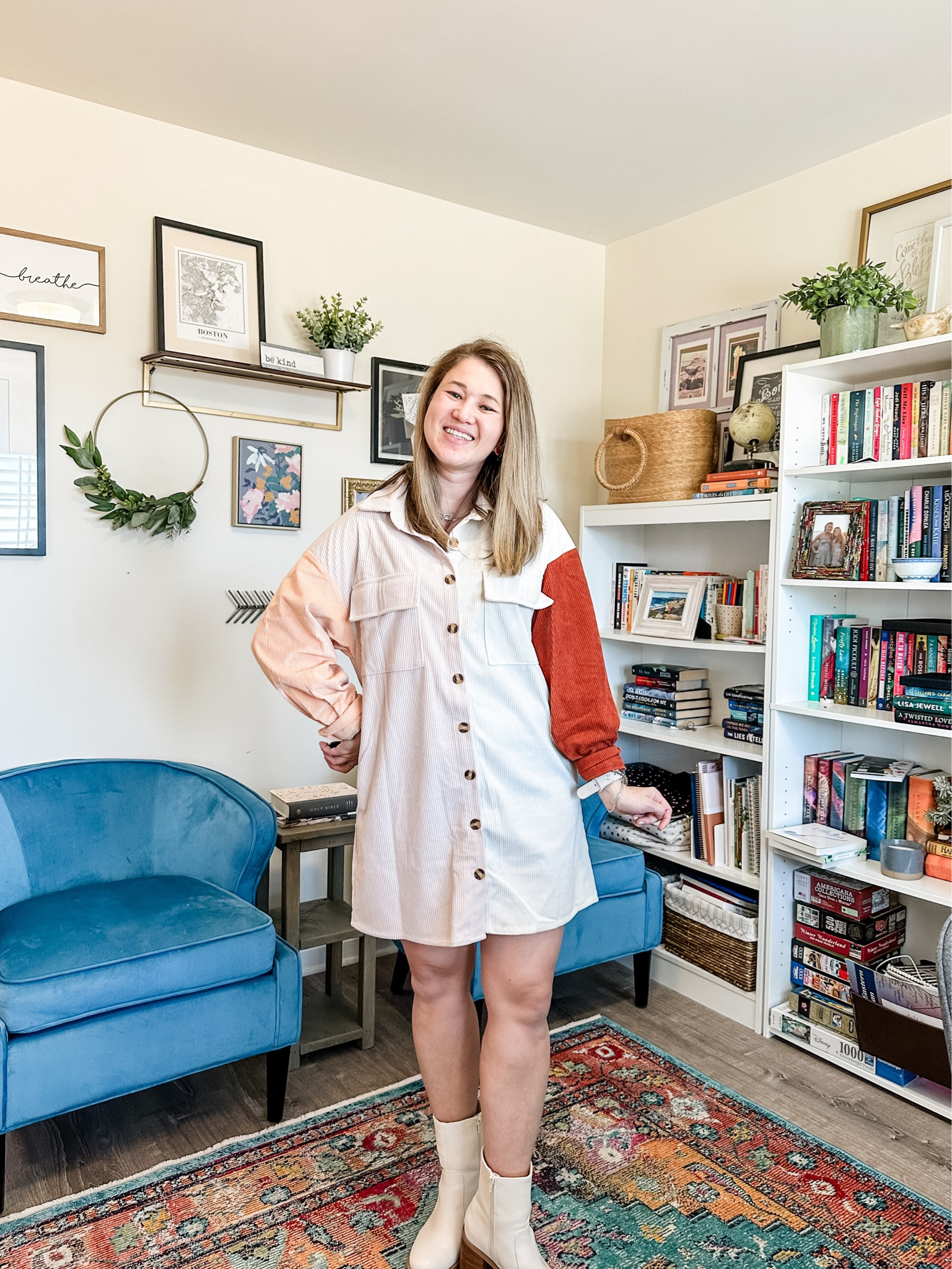 Fall dress. Outfit idea for thanksgiving and perfect for date night! Amazon find, corduroy dress with white platform booties! 

#LTKSeasonal #LTKshoecrush #LTKfindsunder50