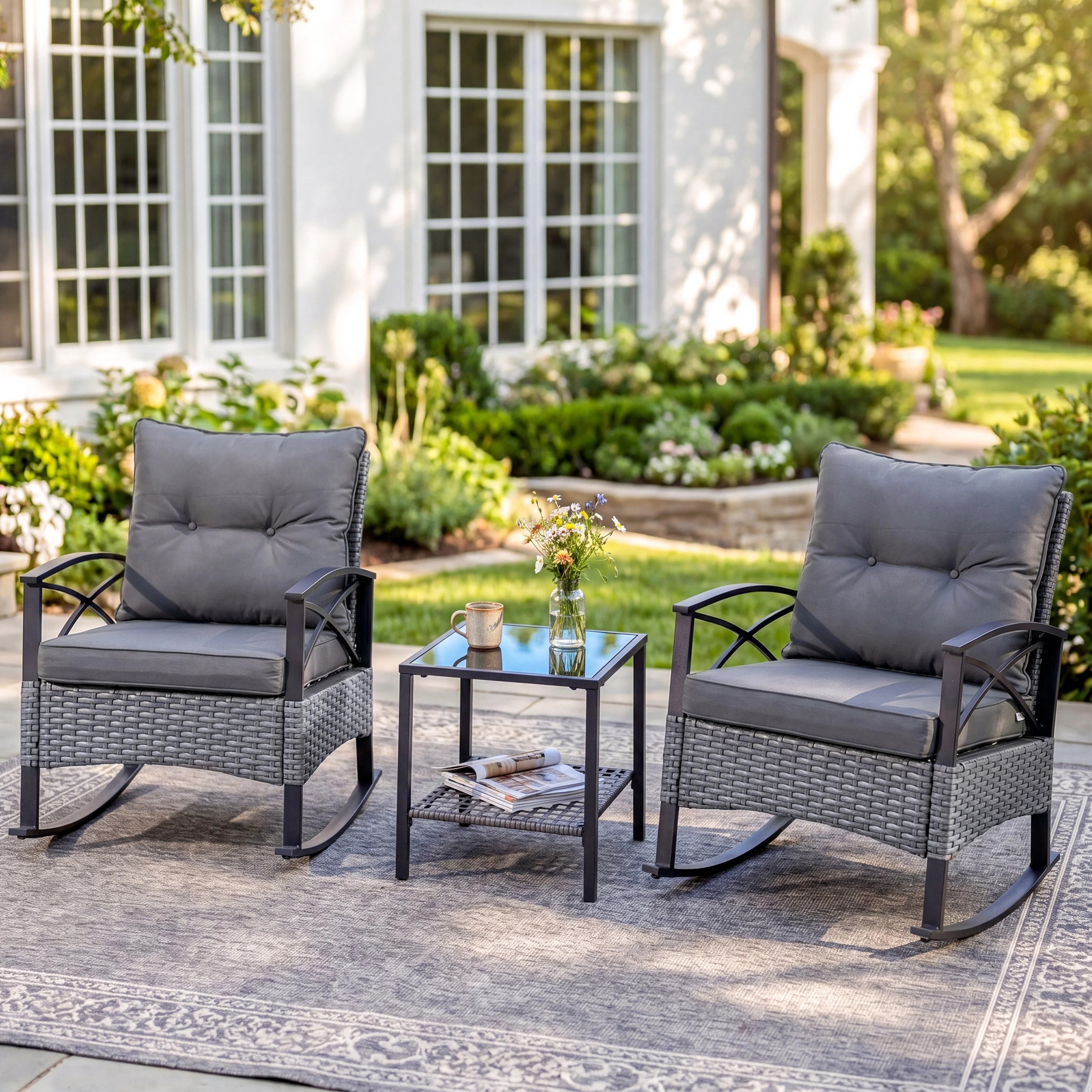 3 PCS Rocking Bistro Set, Outdoor Patio Porch Furniture Sectional Chairs with Coffee Table, PE Ra... | Walmart (US)