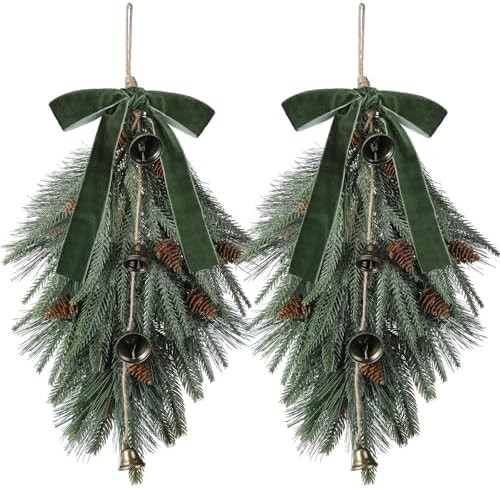 Shihanee 2 Pcs 24" Christmas Teardrop Swag Rustic Door Swag Teardrop Wreath Artificial Norfolk Pi... | Amazon (US)
