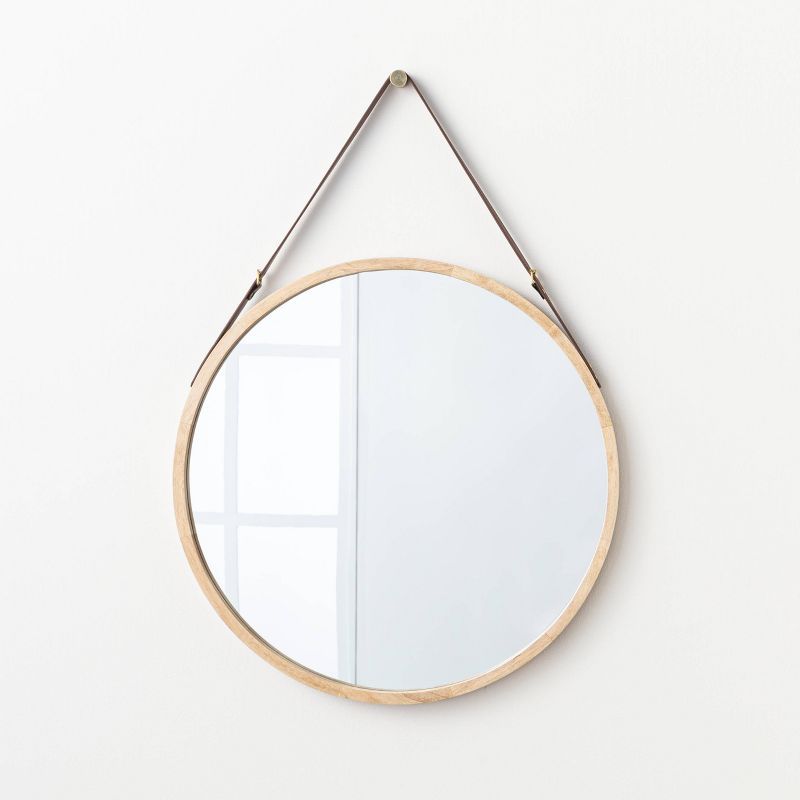 26&#34; Wood Mirror with Pleather Strap Hanger Natural - Threshold&#8482; designed with Studio Mc... | Target