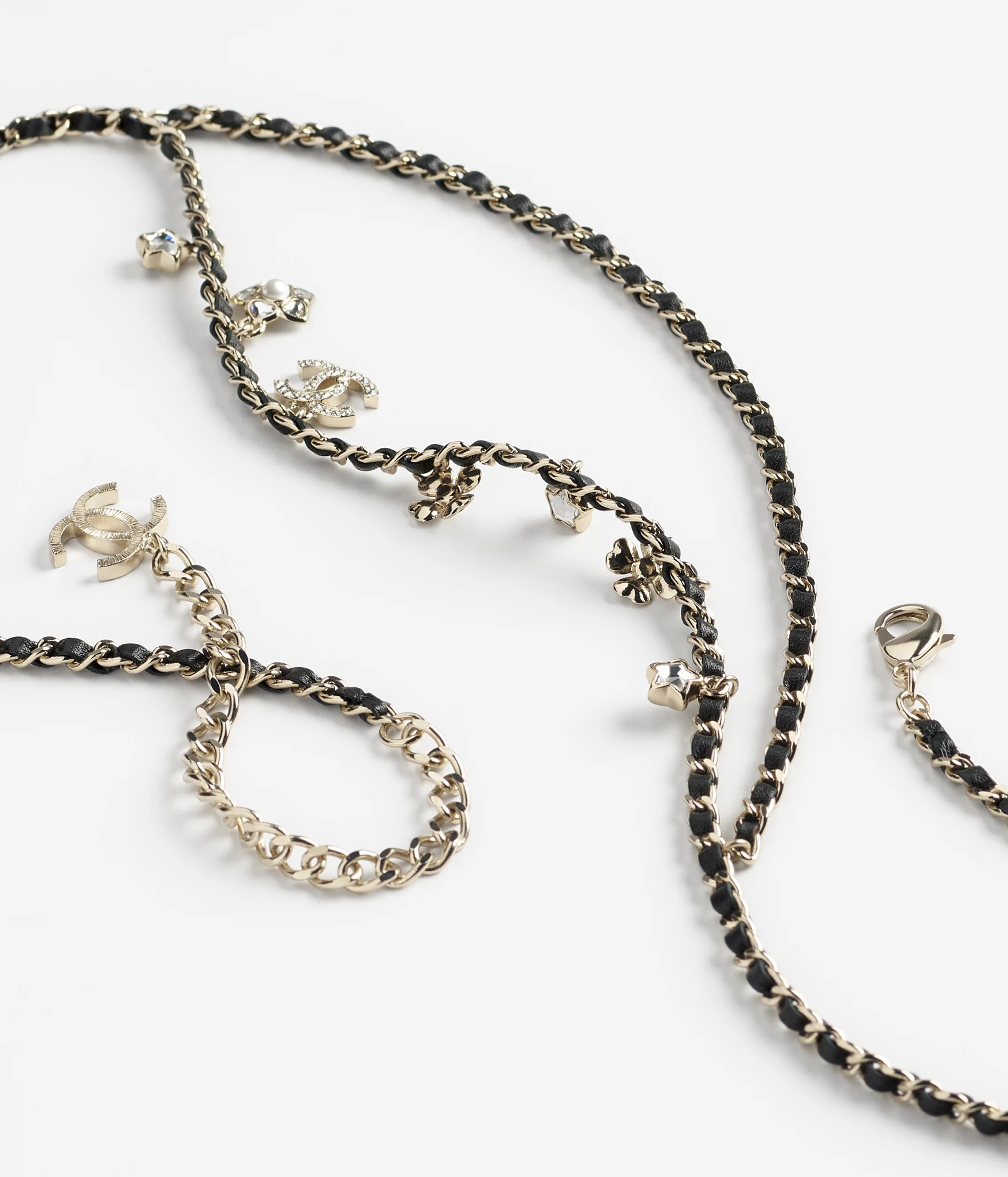 Chain belt - Metal, calfskin, glass pearls & strass, gold, black, pearly white & crystal — Fash... | Chanel, Inc. (US)