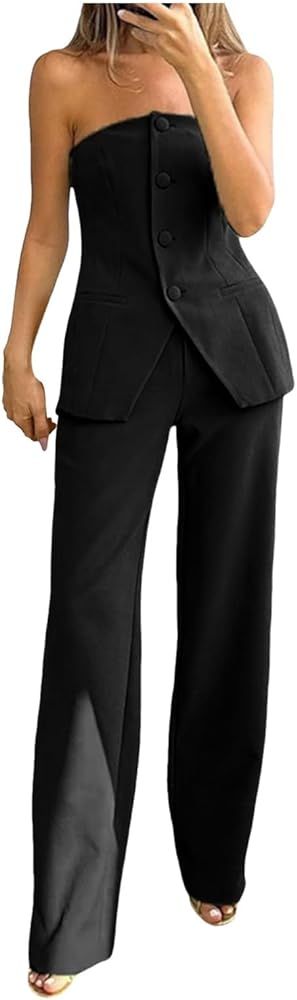 Womens 2 Piece Business Sets Sleeveless Buttons Corset Off Shoulder Tops Flowy Straight Leg Dress... | Amazon (US)