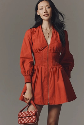 The Tommie Long-Sleeve Smocked Front-Zip Mini Shirt Dress | Anthropologie (US)