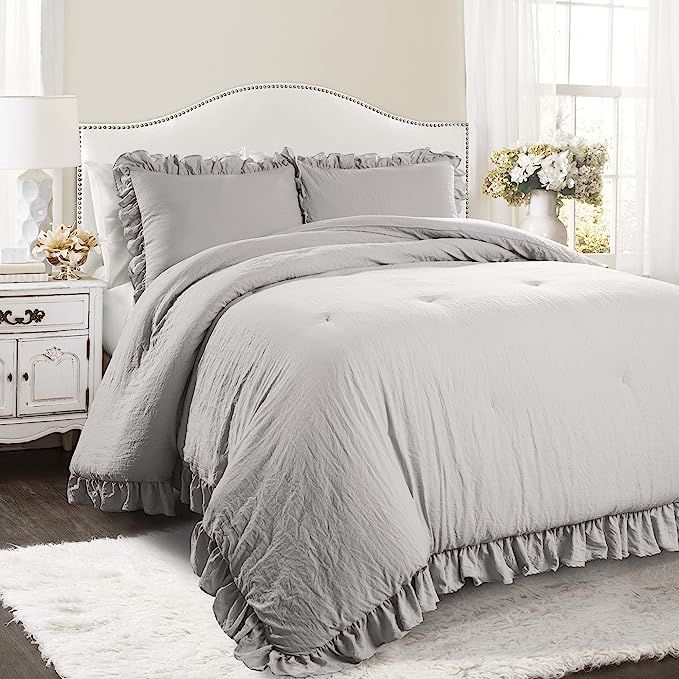 Lush Decor Light Gray Reyna Comforter Ruffled 3 Piece Set with Pillow Sham King Size Bedding | Amazon (US)