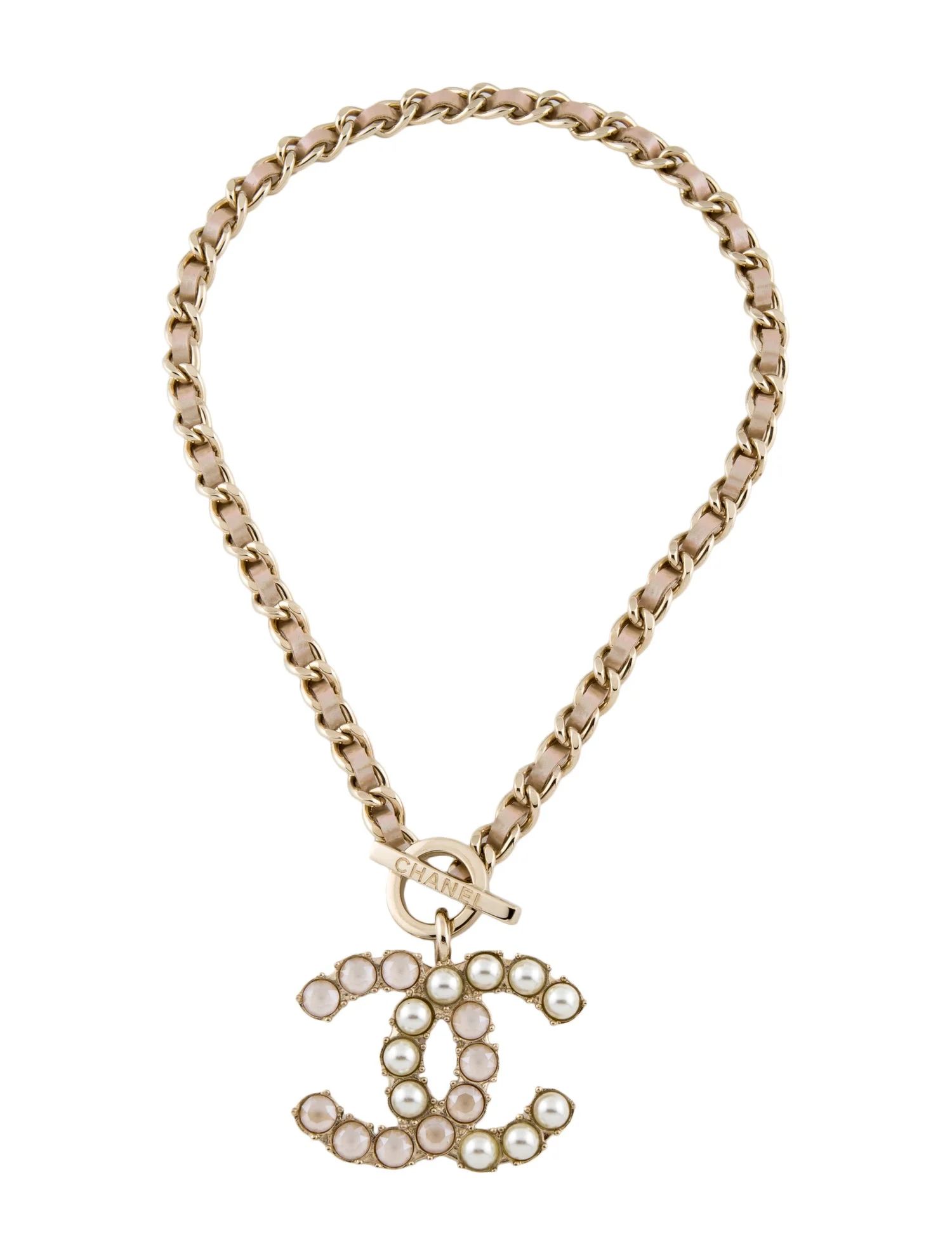 Faux Pearl, Strass, & Leather CC Necklace | The RealReal