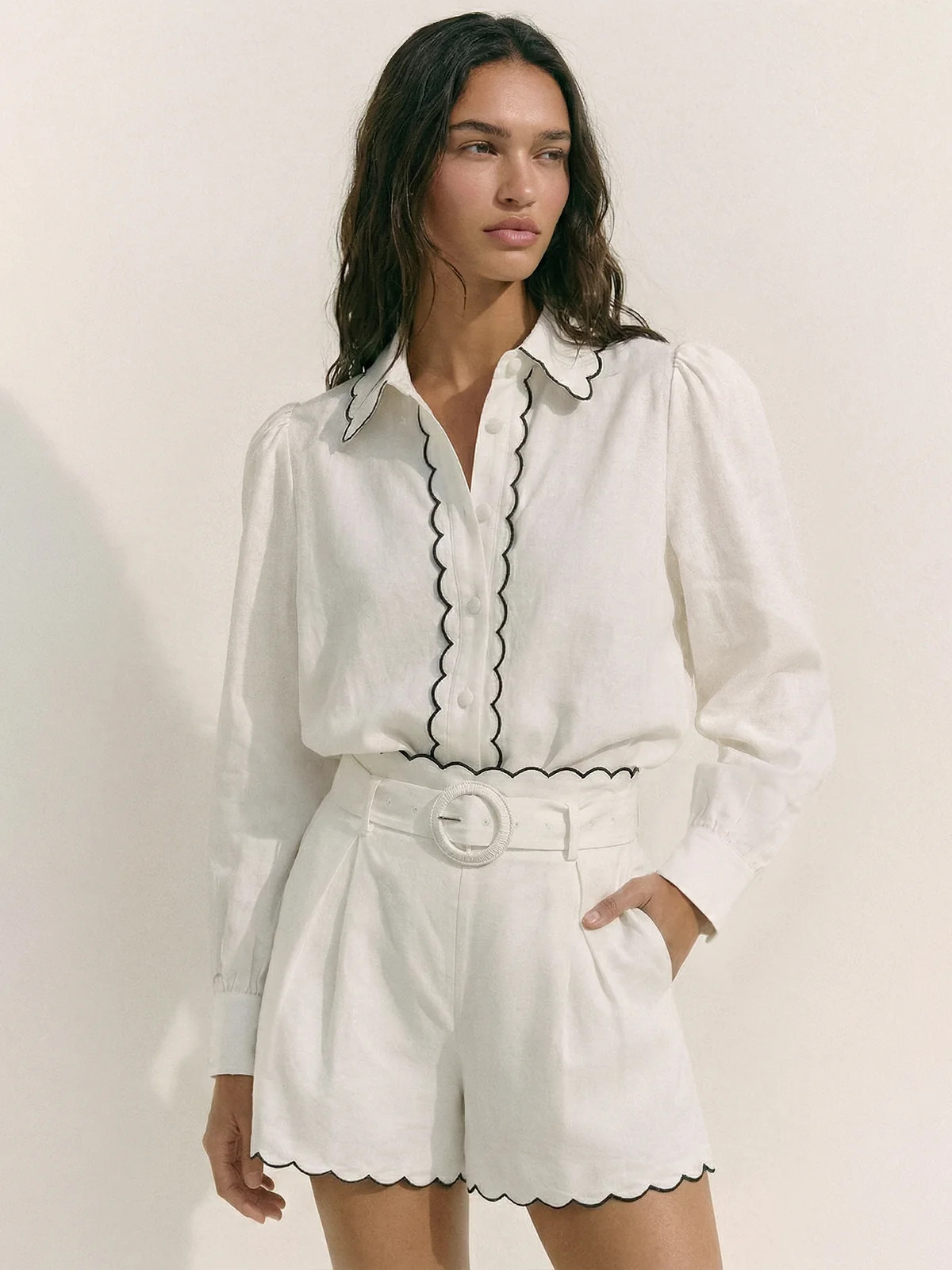 Cotton Scallop Trim Shirt & Shorts Set | Commense