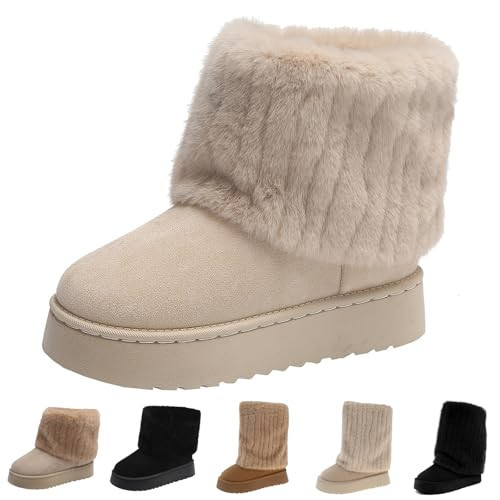 Women's Furry Faux Fur Boots Furry Mid Calf Snow Boots Round Toe Suede Warm Fur Lined Boots Platform Flat Comfort Outdoor Winter Fashion Boots (Sand, 5.5, Adult, Women, 5.5, Numeric, US Footwear Size System, Medium) | Amazon (US)