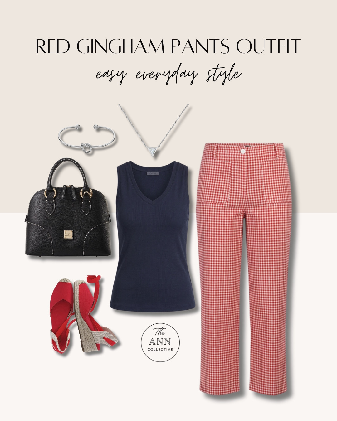 Red gingham pants are the statement piece in this outfit, but they’re surprisingly easy to style. A simple navy tank, classic black handbag, and comfortable wedges keep the look timeless and effortless.

#LTKStyle #SummerOutfit #ClassicStyle #EverydayStyle #OutfitInspiration