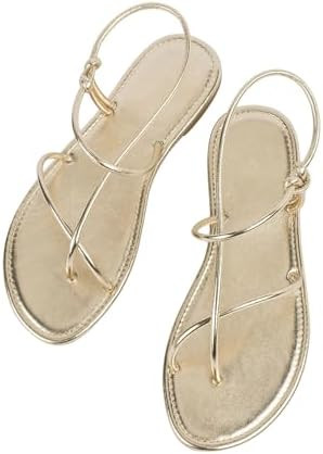 GORGLITTER Women's Metallic Strappy Flat Sandals Open Toe Dressy Summer Beach Thong Slides | Amazon (US)