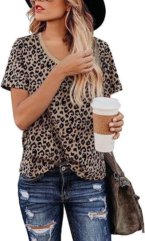 Yidarton Women's T Shirt Leopard Print Tops Short/Long Sleeve Casual Cotton Round Neck Cute Blous... | Amazon (US)