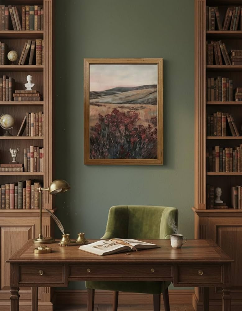 Framed Landscape Wall Art Canvas — Rustic Mountain Field with Red Wildflowers, Neutral Earth To... | Amazon (US)