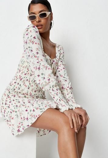 Cream Floral Print Shirred Milkmaid Mini Dress | Missguided (US & CA)