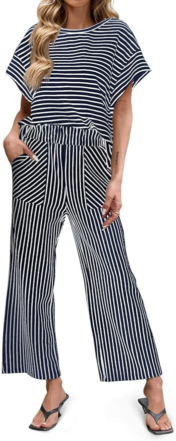 Tankaneo Womens Striped 2 Piece Sets Short Sleeve T Shirts Wide Leg Pants Matching Lounge Set wit... | Amazon (US)