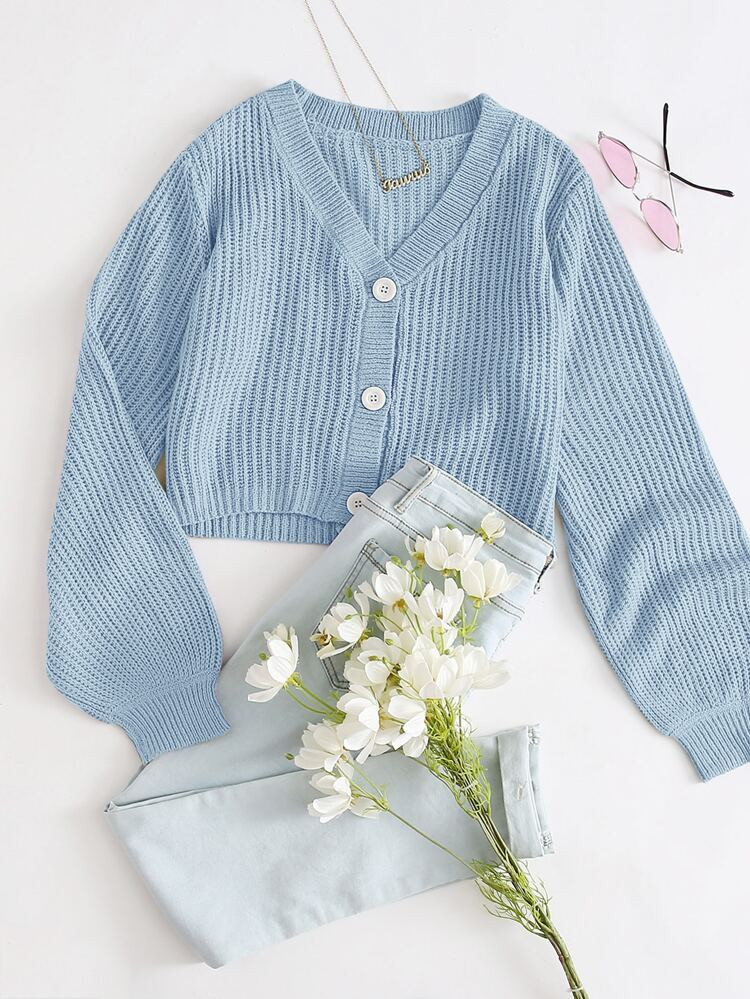 SHEIN Bishop Sleeve Button Up Cardigan | SHEIN