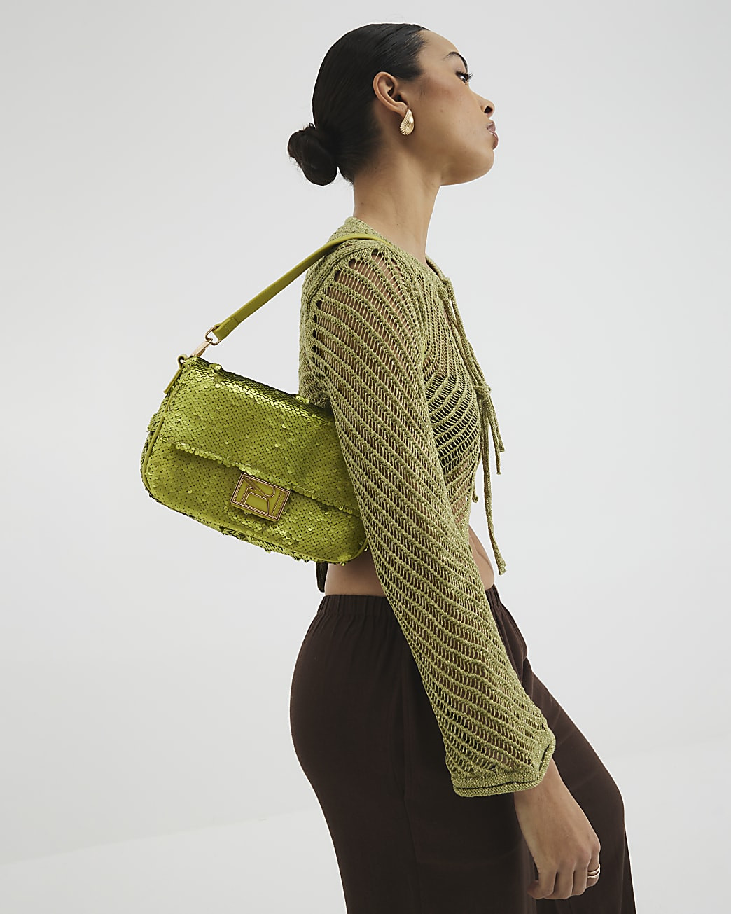 Green Sequin Shoulder Bag | River Island UK & IE