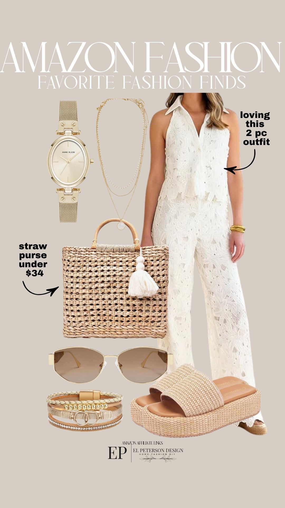 Amazon
2 pc outfit
Bracelet
Purse
Watch
Necklace
Sandals 
Sunglasses 