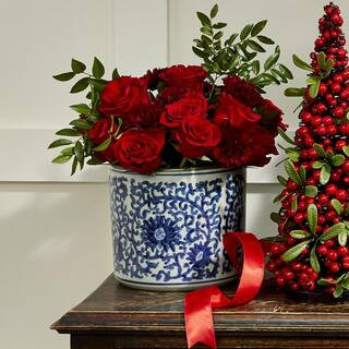 Two's Company 8 in. Diameter Blue and White Lotus Flower Hand Painted Porcelain Vase/Planter BLF1... | The Home Depot