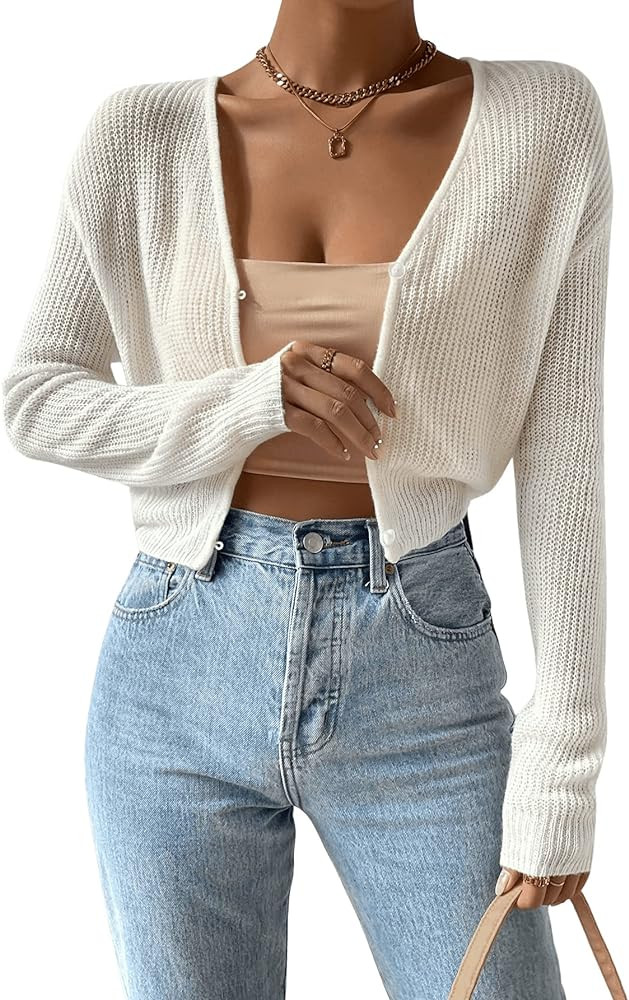 Verdusa Women's Drop Shoulder Long Sleeve Button Up Knit Cardigan Sweater | Amazon (US)