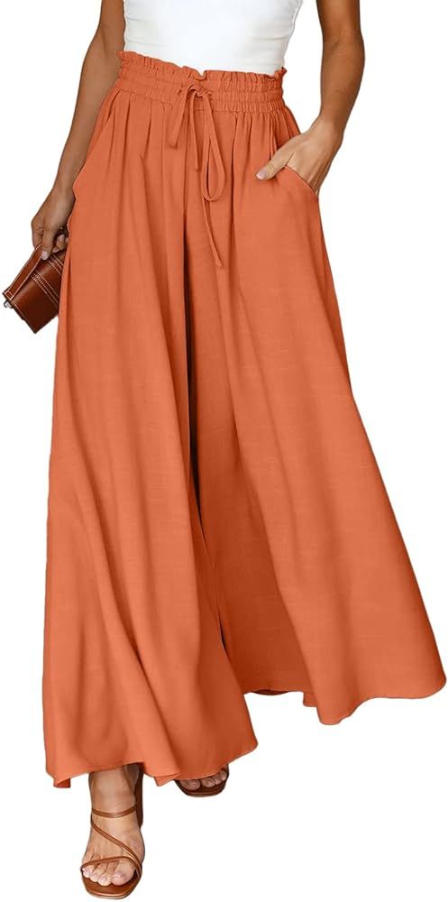 EVALESS Womens Casual Wide Leg Pants Flowy Elastic Drawstring Waist Palazzo Pants with Pockets | Amazon (US)