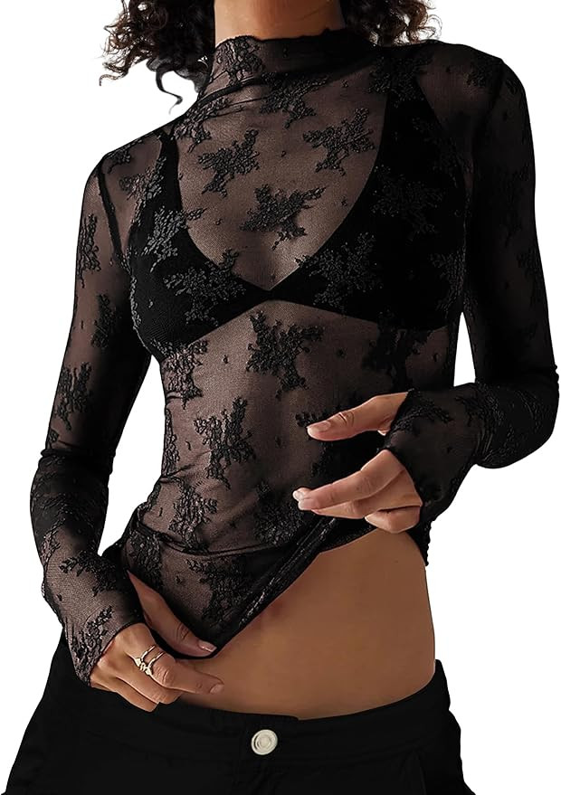 PICPUNMAK Women See Through Floral Embroidery Long Sleeve T Shirt Sexy Mesh Sheer Mock Neck Layer... | Amazon (US)