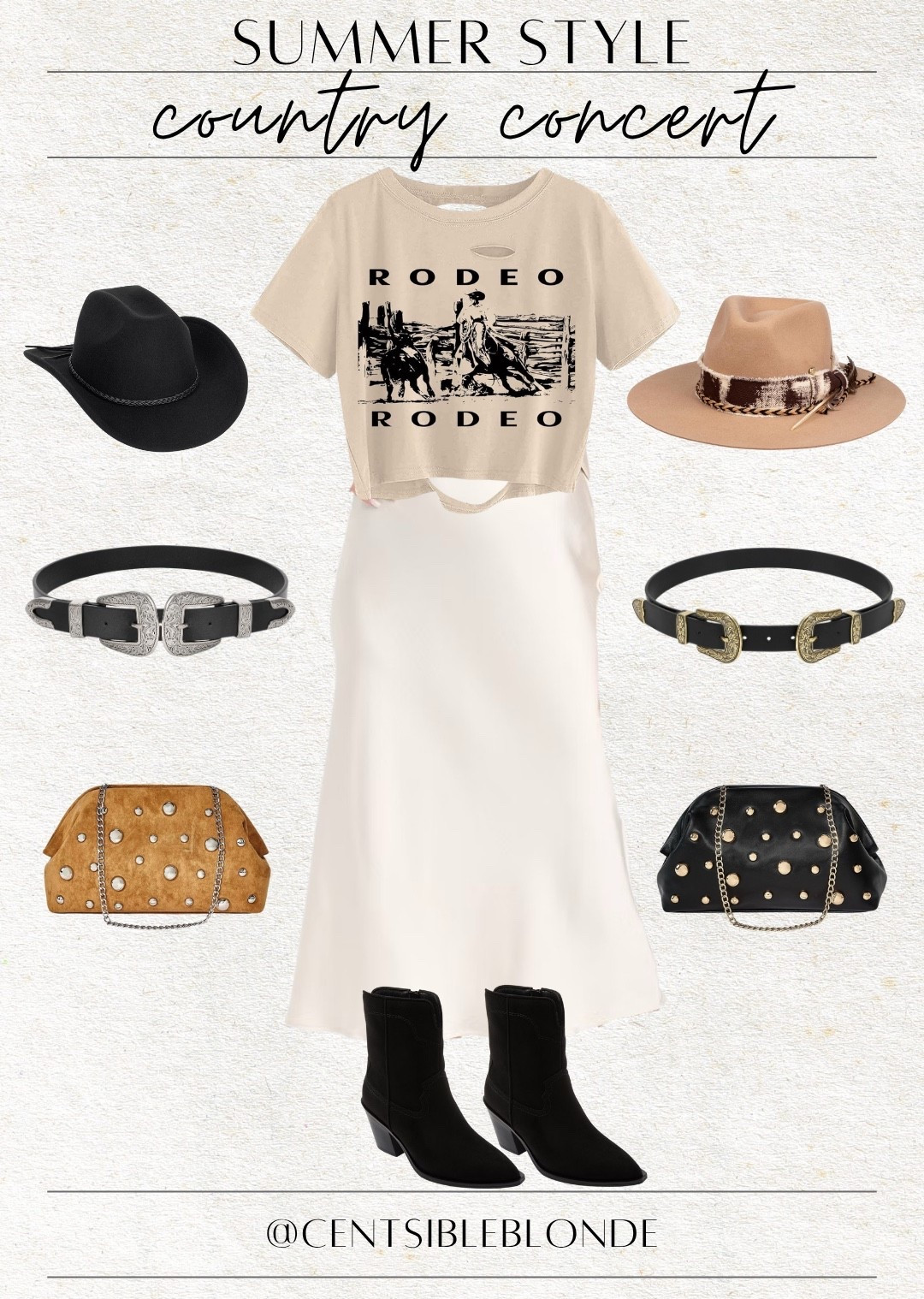 Nashville outfit, country concert, rodeo, country western, double buckle belt, studded handbag, black ankle boots, black hat, tan hat, felt hat, black belt, crop tee, satin skirt, maxi skirt, pointed toe boots, cowboy boots, black and silver belt, black and gold belt, western belt

#LTKItBag #LTKStyleTip #LTKFindsUnder50