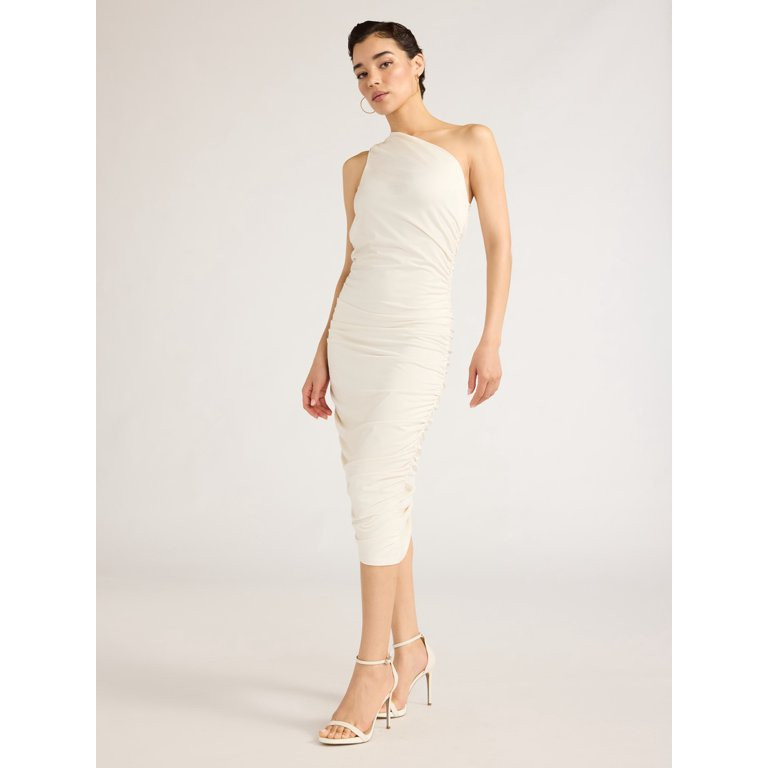 Sofia Jeans Women's One Shoulder Shirred Dress, Below Knee Length, Sizes XS-XXL - Walmart.com | Walmart (US)