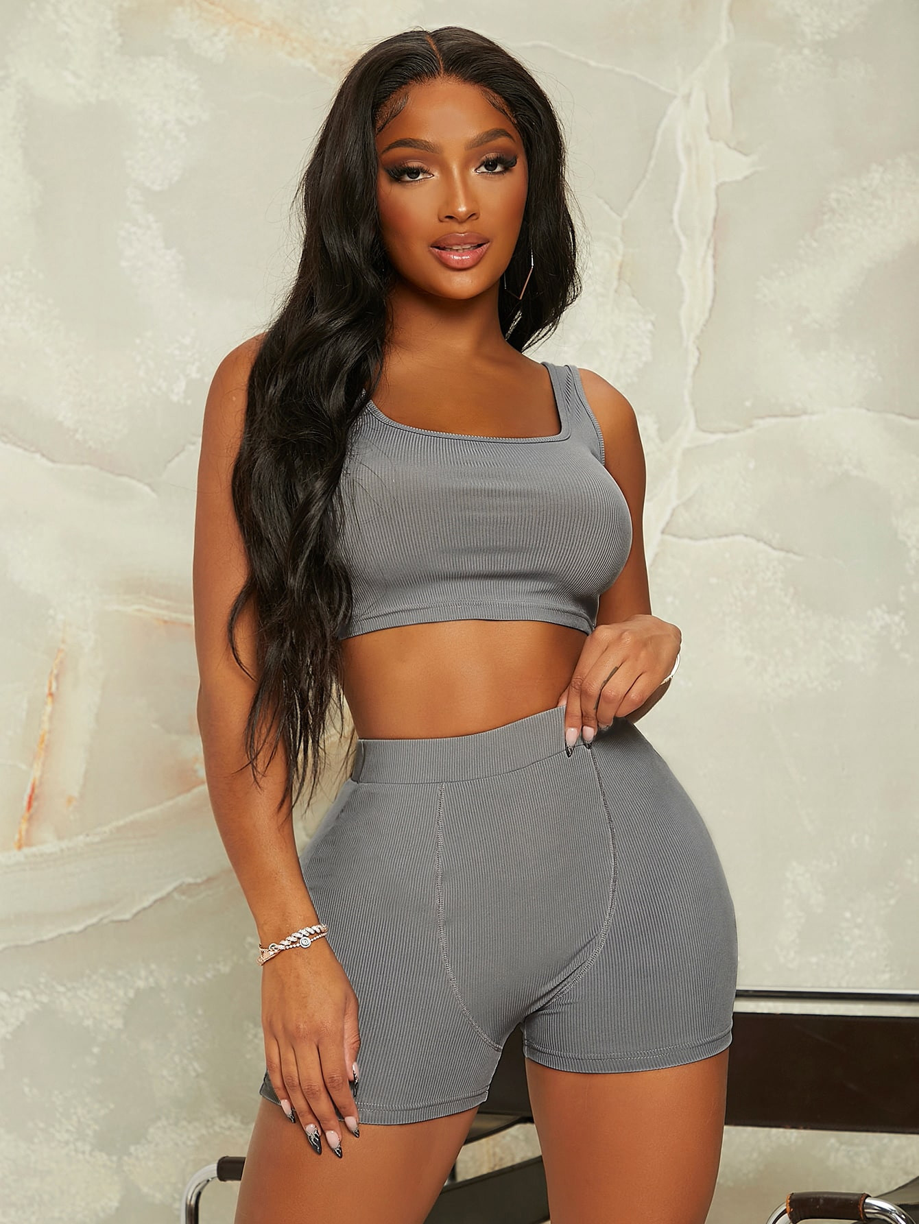 SHEIN SXY Ribbed Knit Tank Top & Biker Shorts | SHEIN