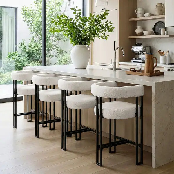 24" Seat Height Upholstered Tweed Solid Back Counter Stool(Set of 4) - Set of 4 - Beige | Bed Bath & Beyond