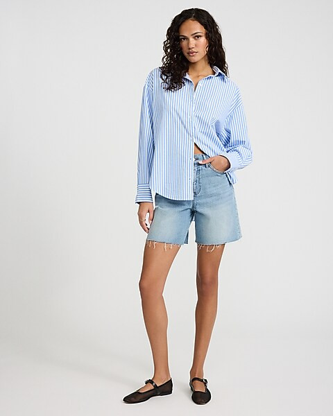 Stretch Cotton Poplin Striped Boyfriend Shirt | Express