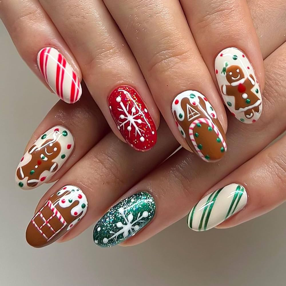 24Pcs Christmas Press on Nails Short Almond Fake Nails Brown False Nails with Snowflake Gingerbre... | Amazon (US)