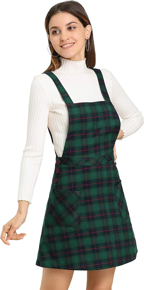 Allegra K Women's Plaid Tartan Skirt Button Decor A-Line Pinafore Overall Dress | Amazon (US)