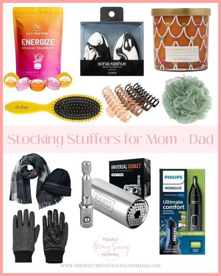 Stocking Stuffers for Mom + Dad 

Gifts guides | gifts for her | gifts for him | drybar | candle | claw clips | shower steamers | gloves | hat | scarf | accessories 

#LTKHoliday #LTKGiftGuide #LTKSeasonal