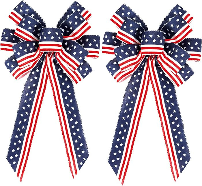 2 Pack 4th of July Decor Bow for Wreath,Red White Blue Stripe Stars Tree Topper Bows for Patrioti... | Amazon (US)