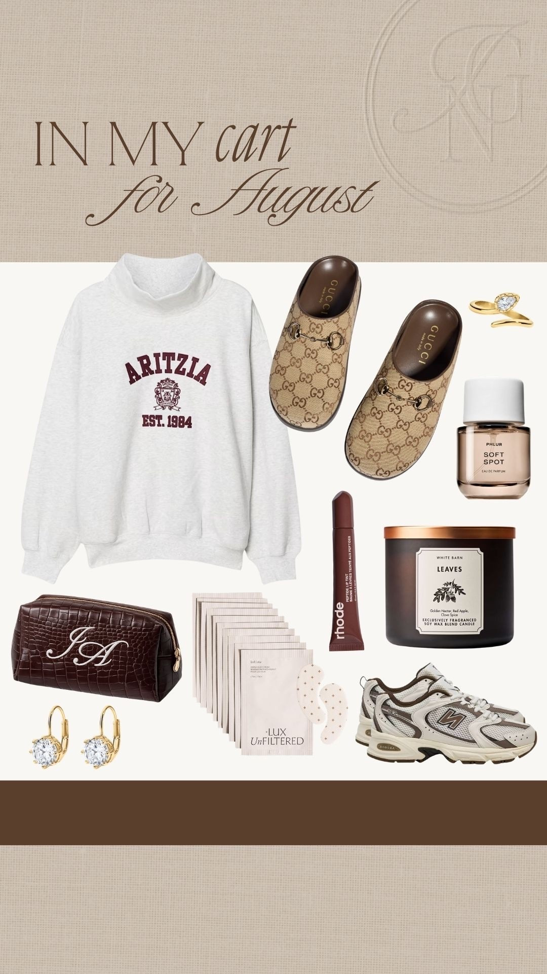 In my cart for August 🤎 🍂 

#loafers #clogs #sweatshirt #aritzia #bathandbodyworks #candle #fall #fallfashion #fallcandle #toiletrybag #phlur #perfume #electricpicks #jewelry #earrings #pinkyring #ring #rhode #lipgloss #sephora #beauty

#LTKSeasonal #LTKHome #LTKootd