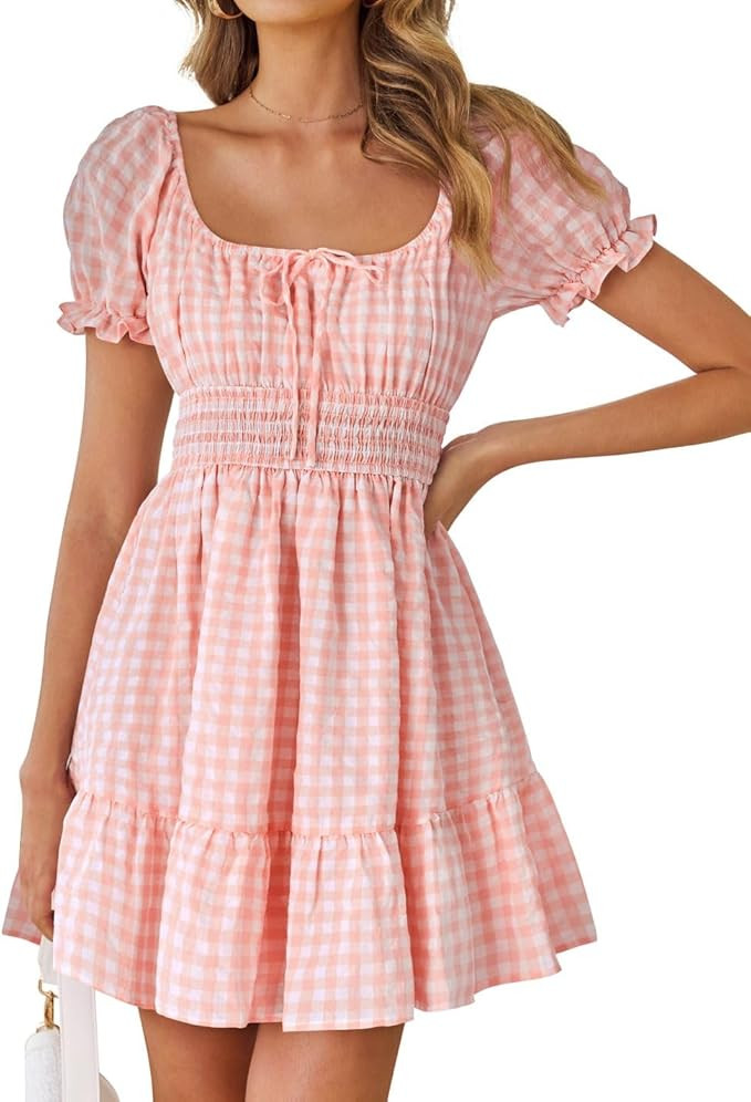 ZESICA Women's 2025 Summer Puff Short Sleeve Plaid Mini Dress Boho Square Neck Ruffle A Line Swin... | Amazon (US)
