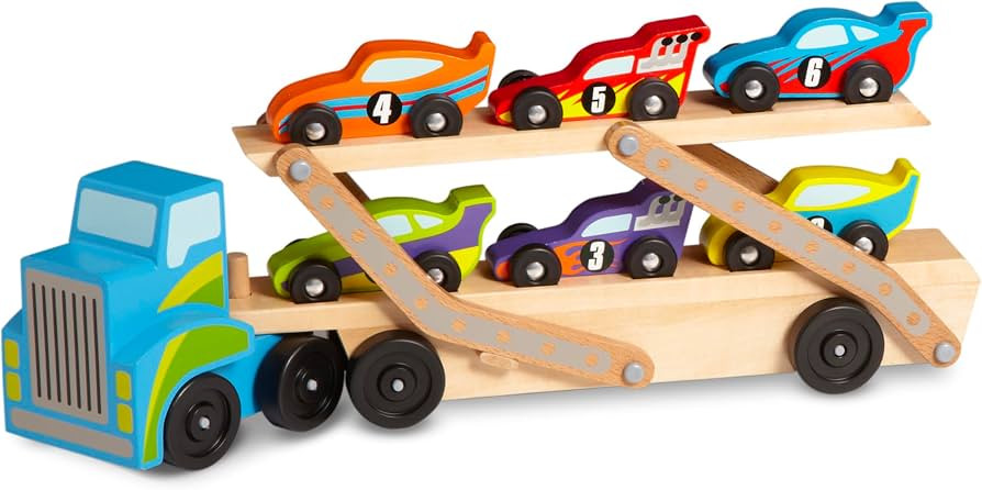 Melissa & Doug Mega Race-Car Carrier - Wooden Tractor and Trailer with 6 Unique Race Cars | Amazon (US)