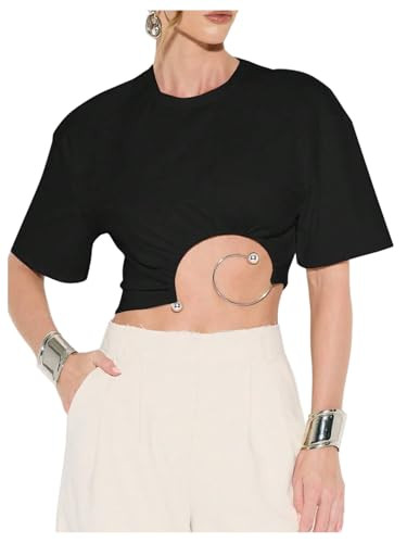 SOLY HUX Women's Short Sleeve Crop Tops Cut Out Ring Linked T Shirt Summer Going Out Top | Amazon (US)