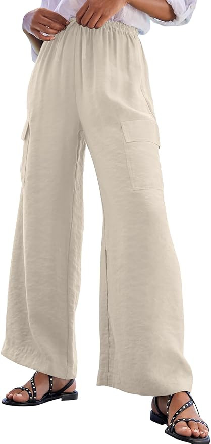 EVALESS Women Palazzo Pants Summer Casual Wide Leg High Waist Lounge Flowy Beach Trousers Travel ... | Amazon (US)